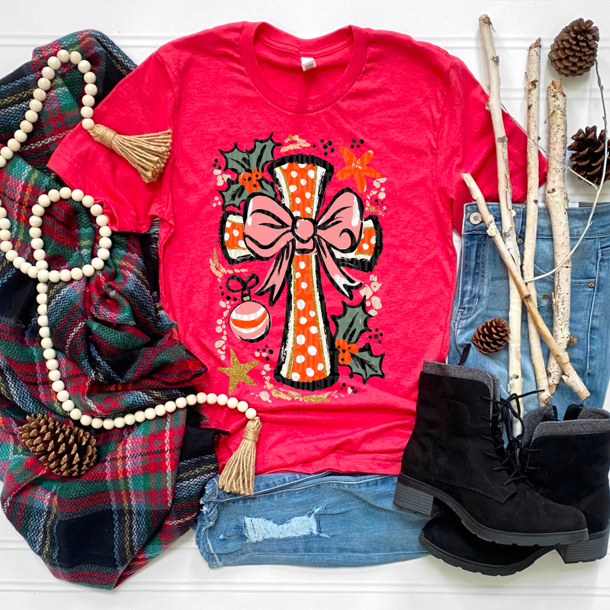 Red Polka Dot Cross with pink bow 113336 DTF transfer