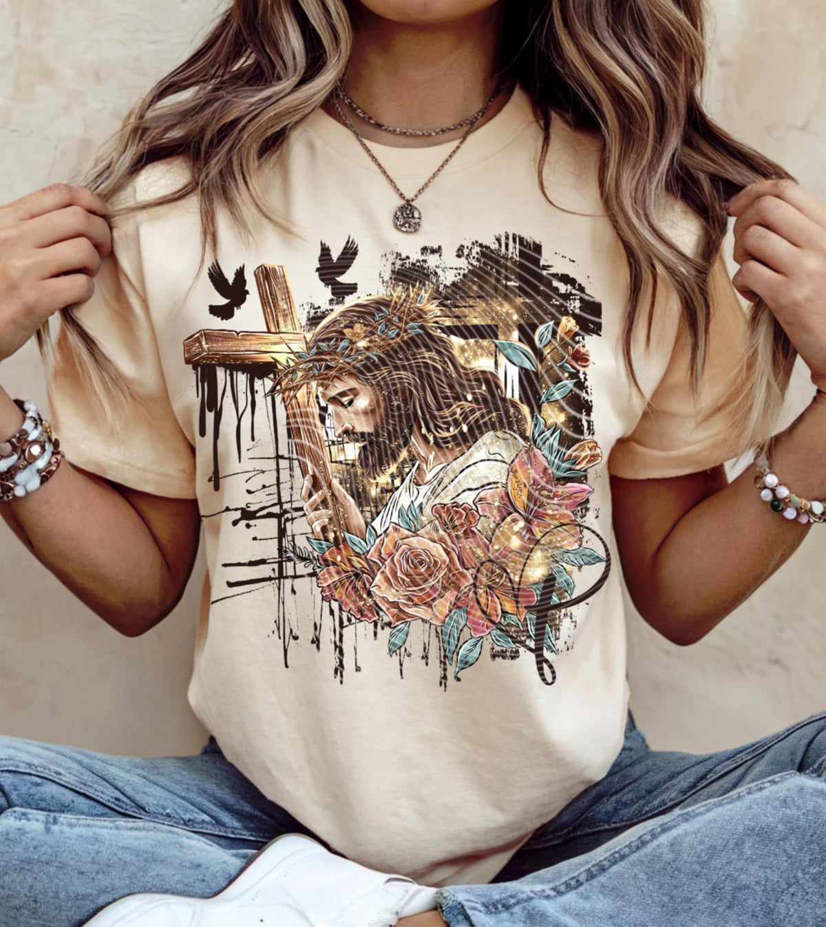 Jesus holding cross with flowers 90981 DTF transfer