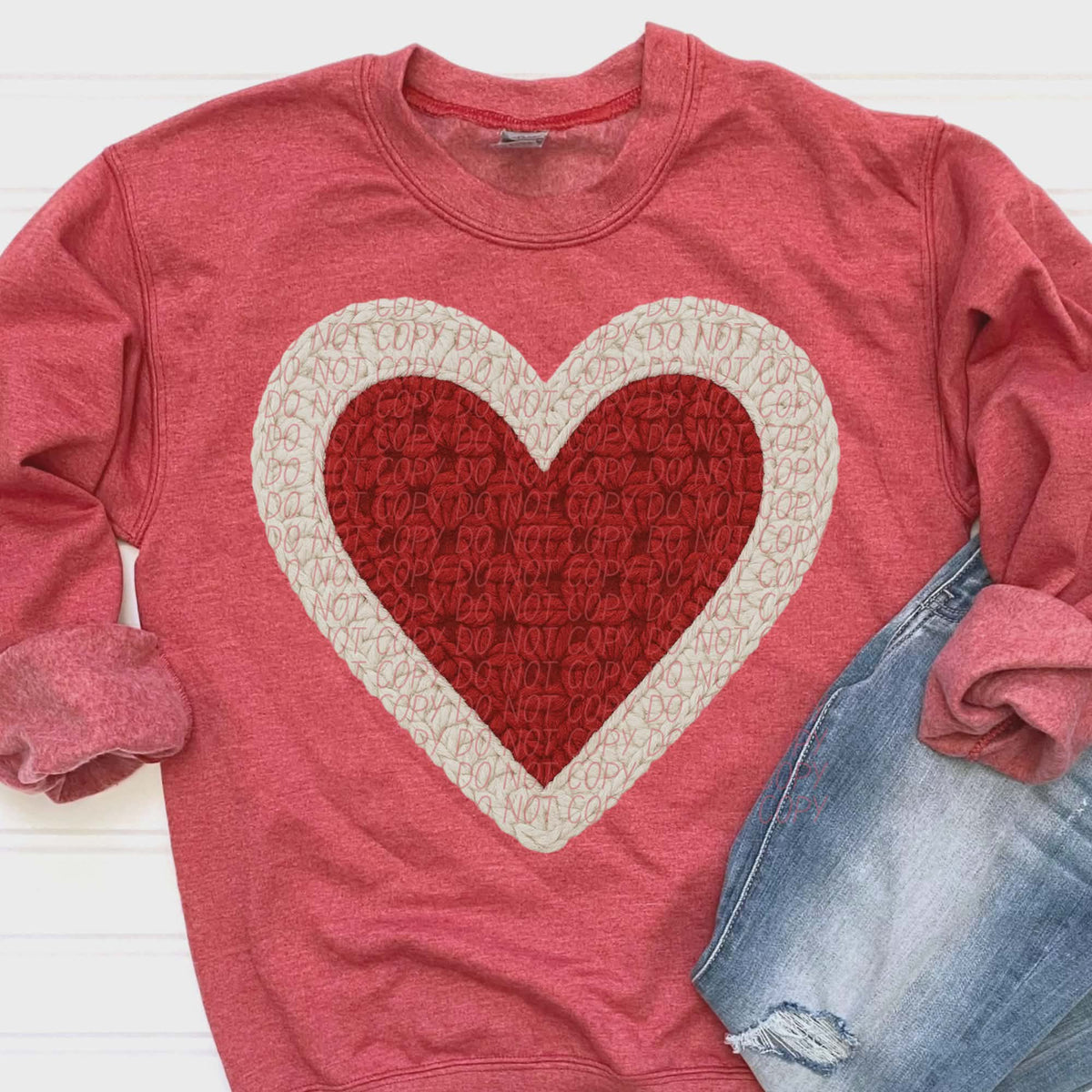 Faux crochet heart red and tan (city) DTF transfer