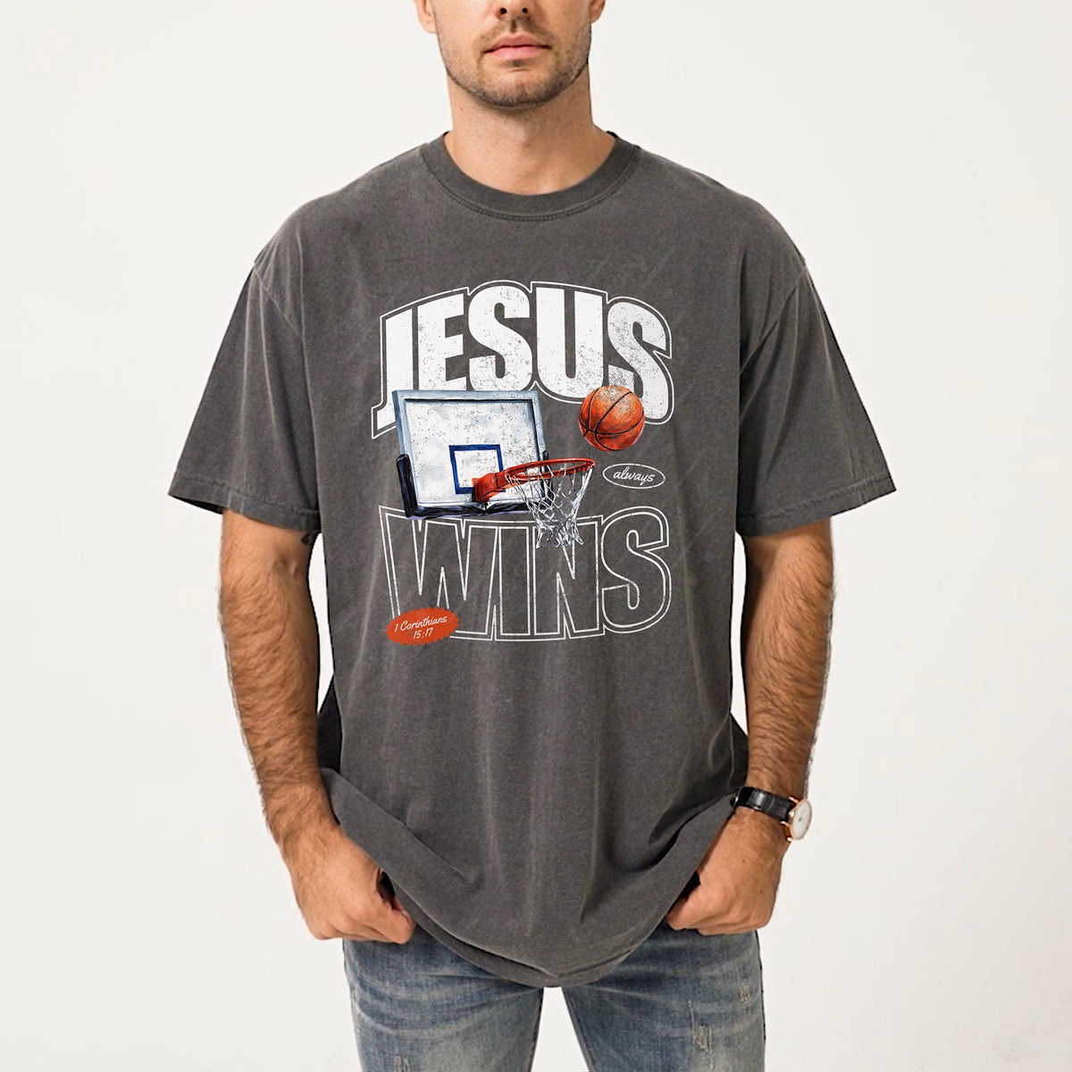 Jesus wins basketball hoop (white) DTF Transfer