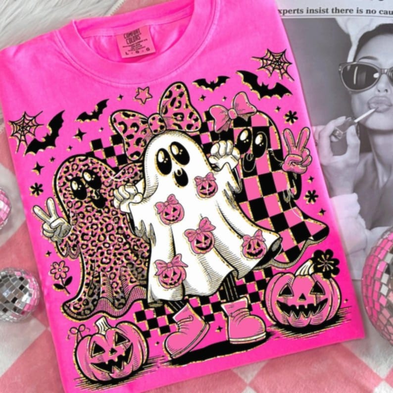 Pink and Black Peace Ghosts with checker and leopard DTF transfer
