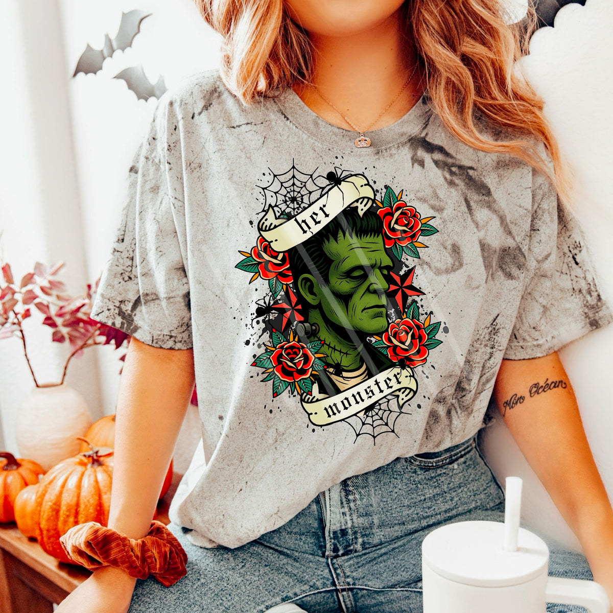 Her Monster frank roses and webs (MZ) 113557 DTF transfer
