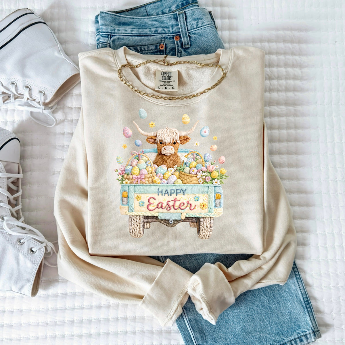 Happy Easter faux yarn (cow truck & eggs) DTF transfer