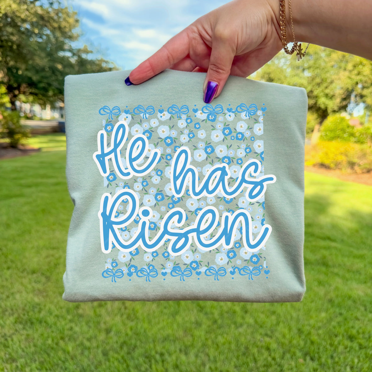 He Has Risen (blue florals) DTF transfer