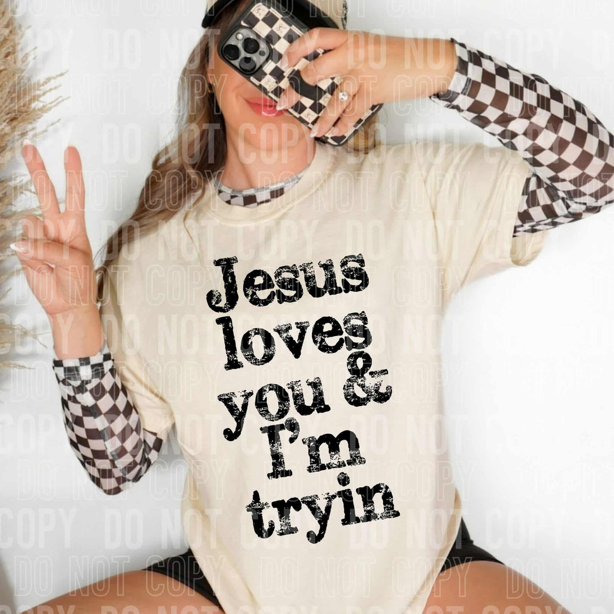 Jesus loves you and I’m trying black text (SBB) DTF transfer