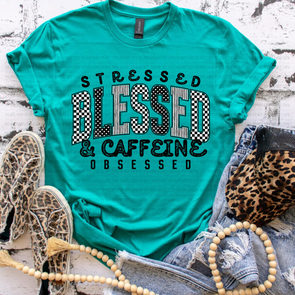 Stressed Blessed Caffeine Obsessed black words GRAY REVEL DTF transfer