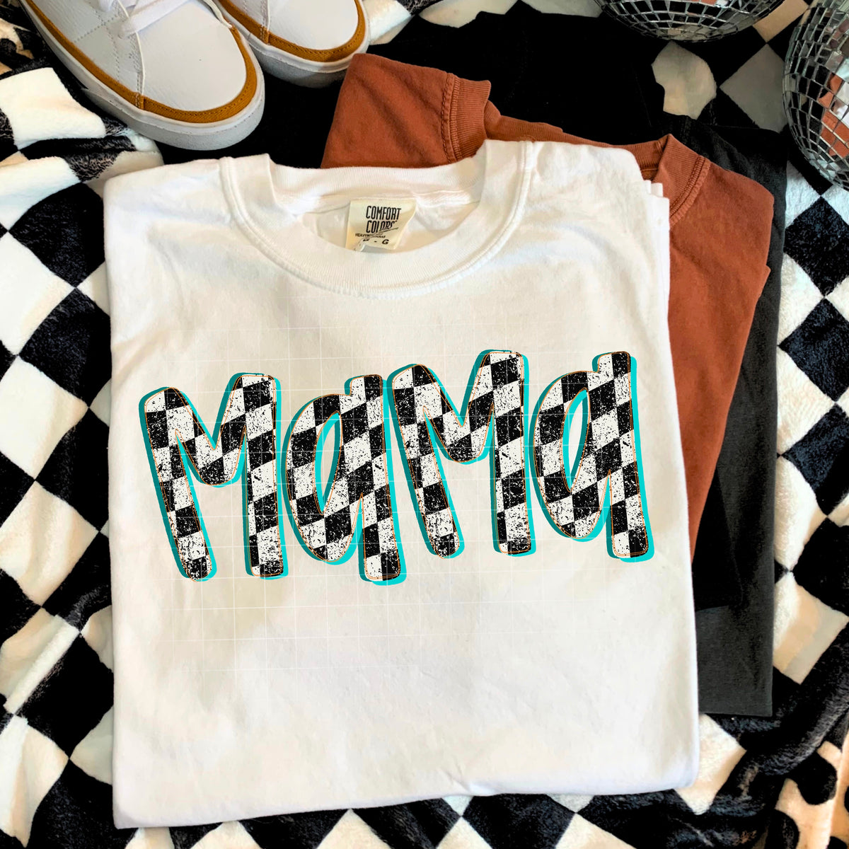 Teal and Checker Mama (county line) 114114 DTF transfer