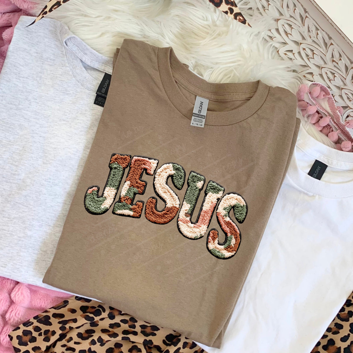Jesus camo faux patch DTF transfer