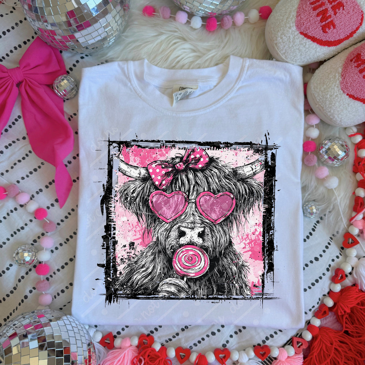 Pink black and white Valentine Highland Cow DTF transfer