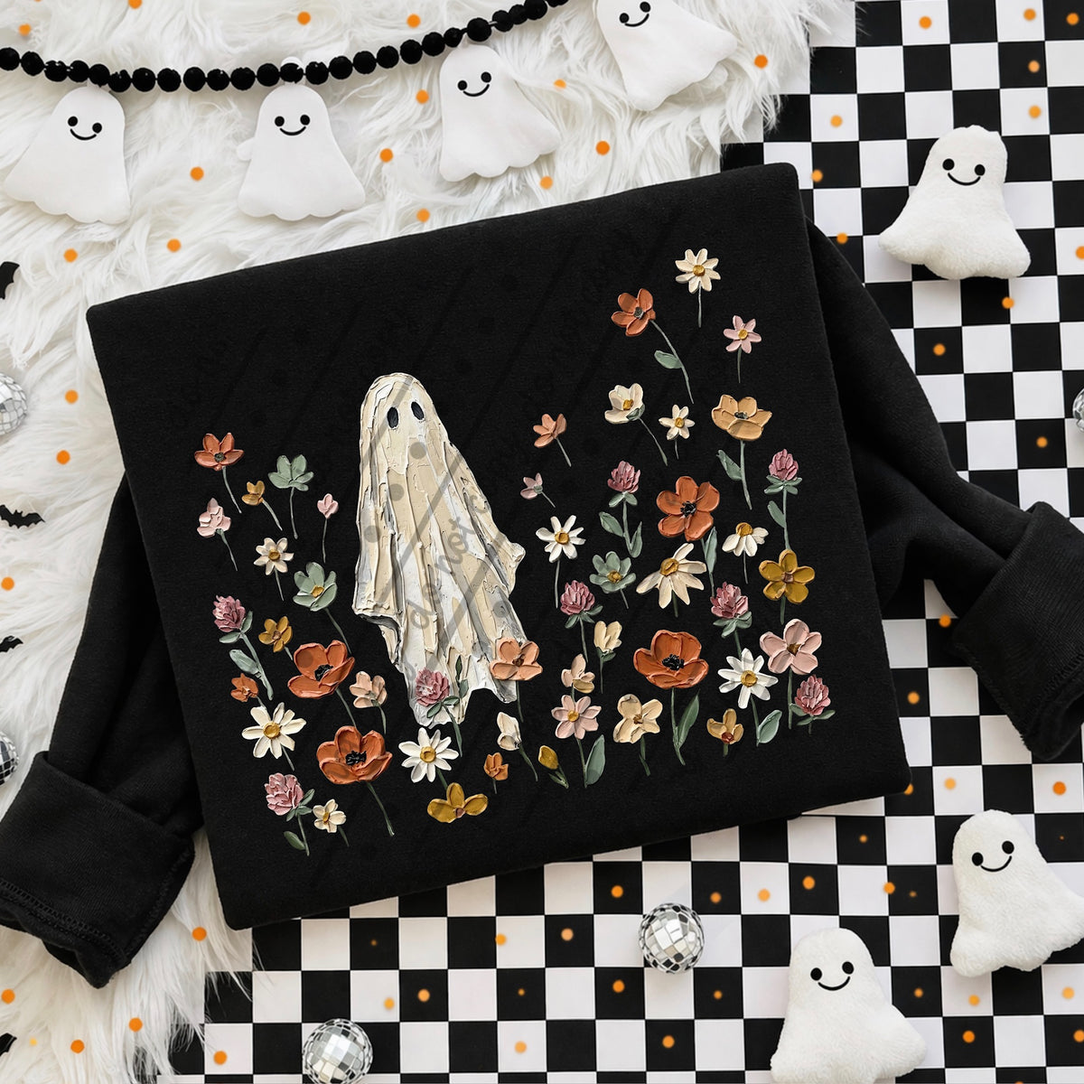 Faux painted ghost with wildflowers DTF Transfer