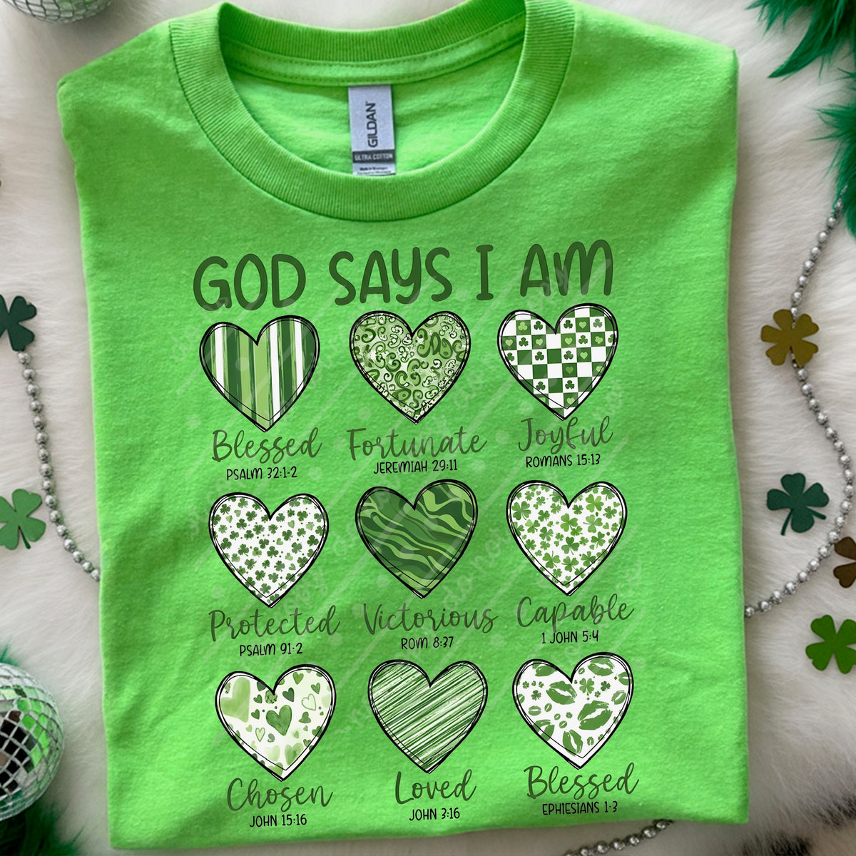 God says I am green hearts DTF transfer