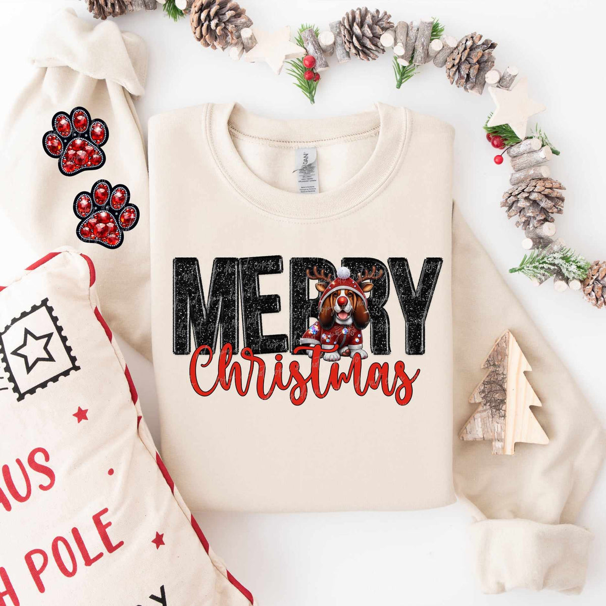 Merry Christmas basset hound FRONT ONLY (VIRGO) 53827 DTF transfer
