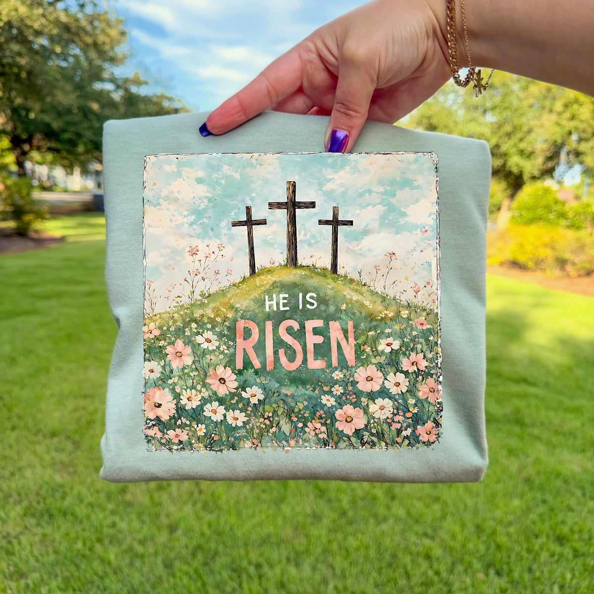 He is Risen (three crosses on hill) DTF transfer