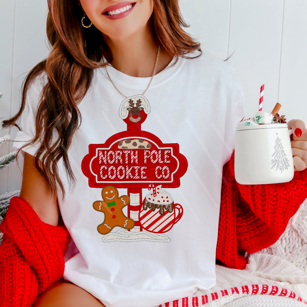 North Pole cookie co (with gingerbread and striped hot cocoa) faux embroidery 111693 DTF transfer