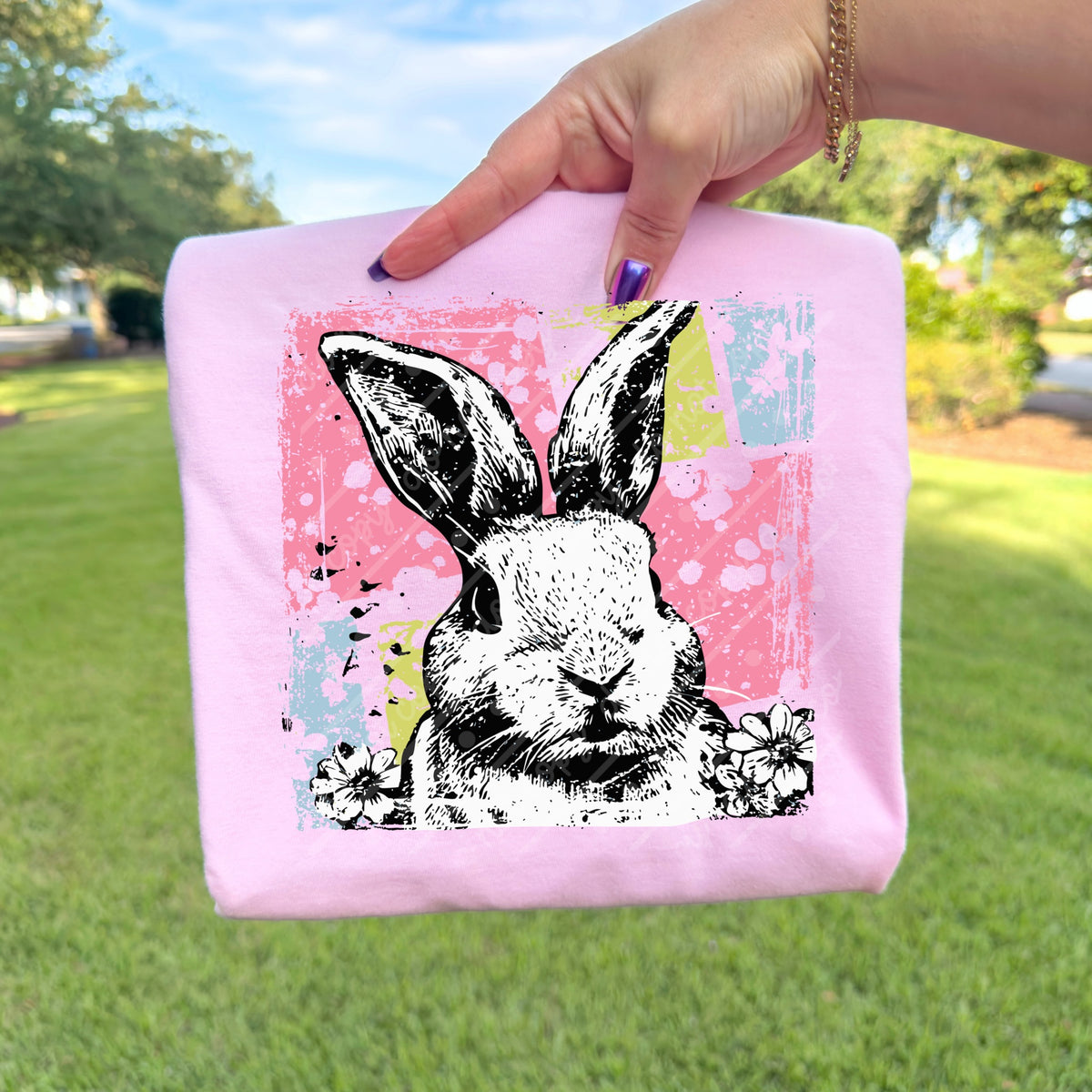 Black and White floral Easter bunny DTF Transfer