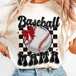 Baseball mama red bow 85715 DTF transfer