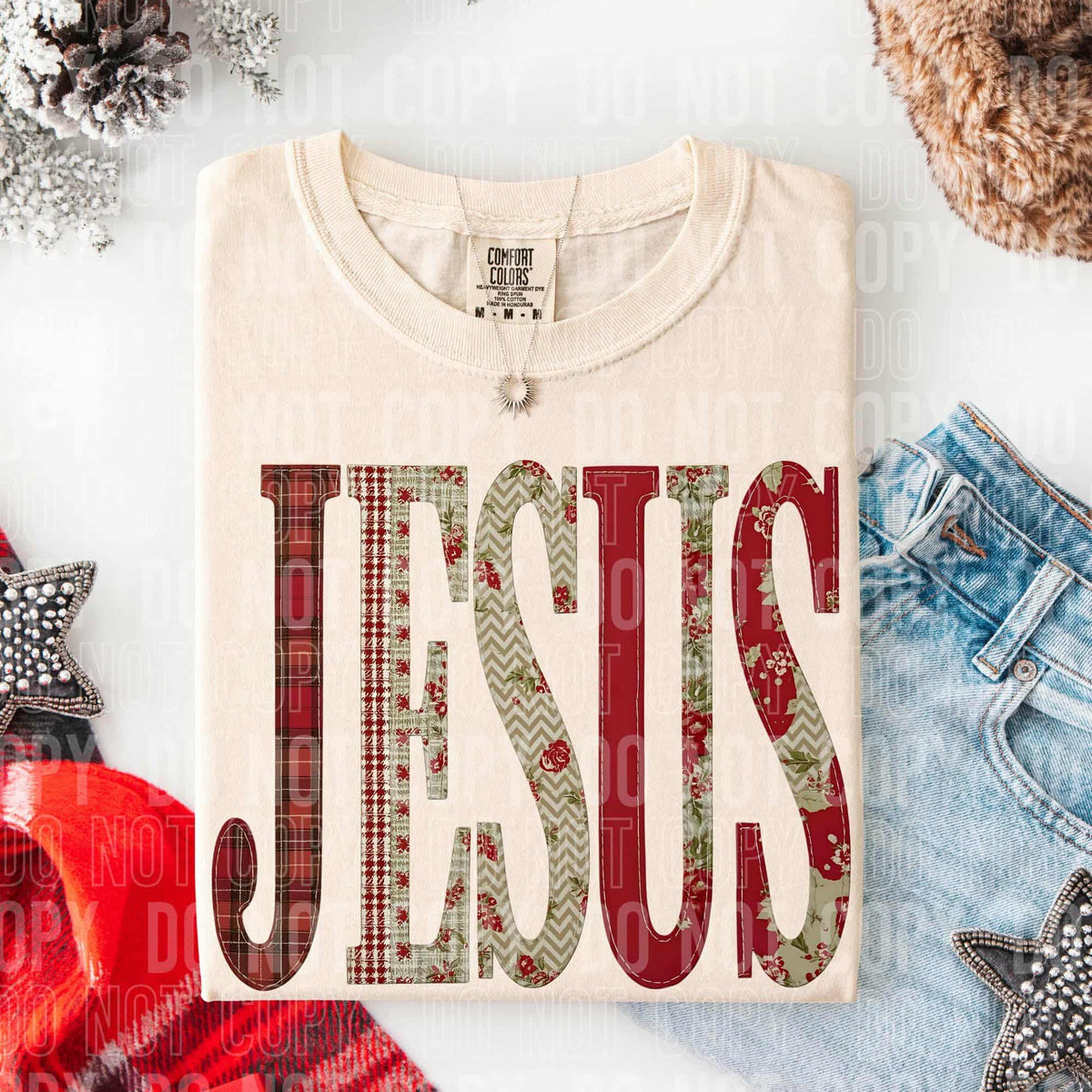 Jesus faux fabric patchwork RED(SBB) DTF Transfer