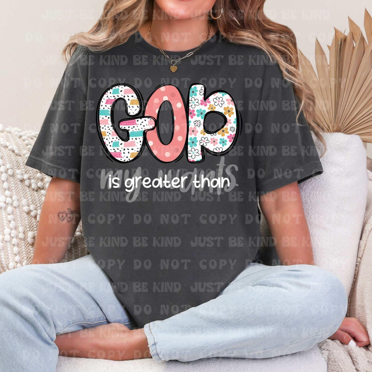 God is greater than my wants color and white (VLB) 87412 DTF transfer