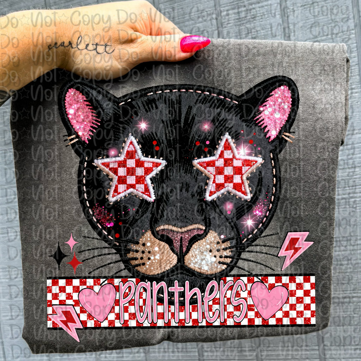 Panthers faux embroidery valentines (virgo) DTF transfer
