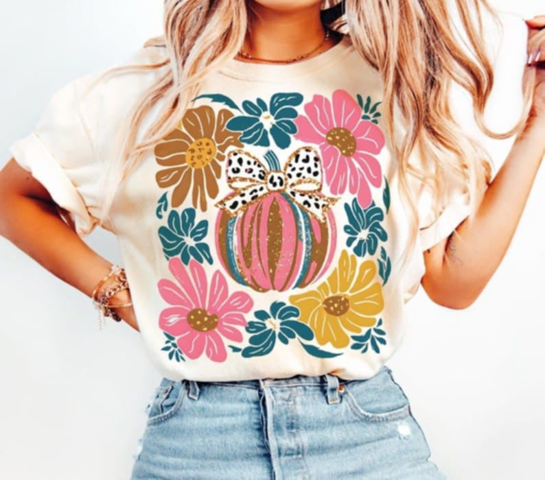 Pumpkin with floral background 107790 DTF transfer