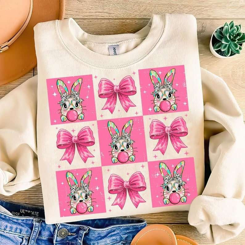 Pink checkered bunny collage 84364 DTF transfer