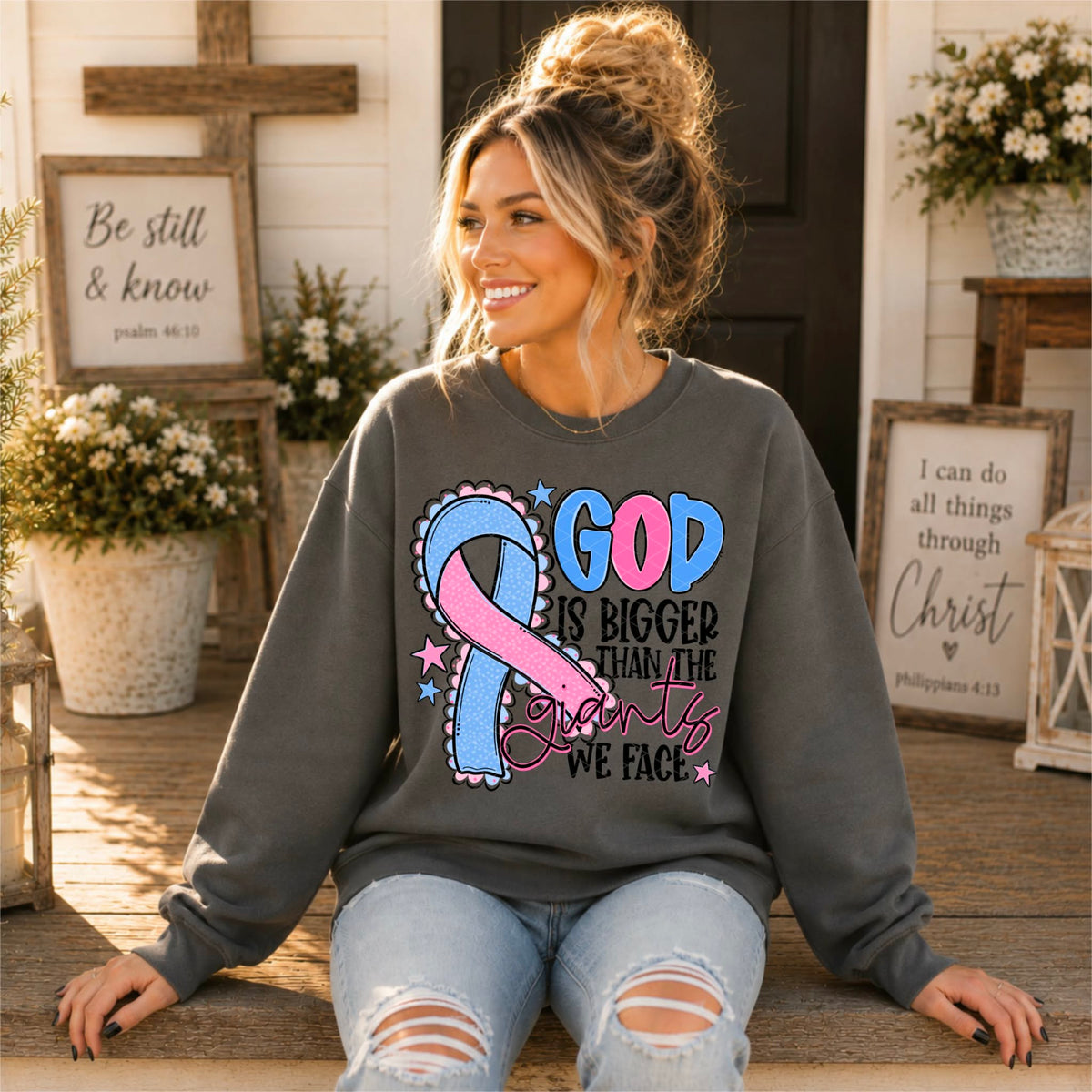 God is bigger than the giants we face PINK BLUE  ribbon pink writing (SDD) DTF Transfer