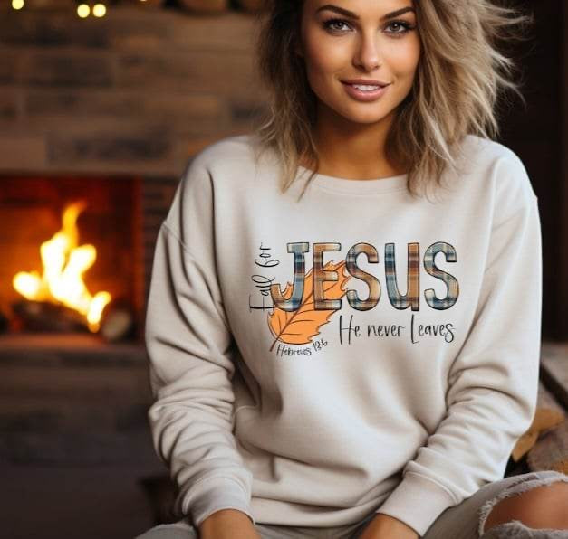Fall for Jesus he never leaves plaid font 64284 DTF transfer