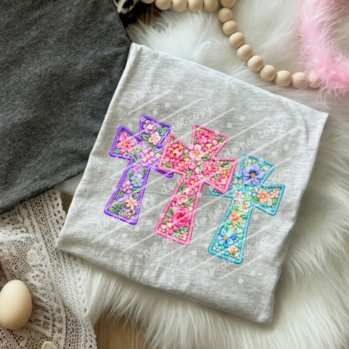 Faux embroidery floral crosses DTF Transfer