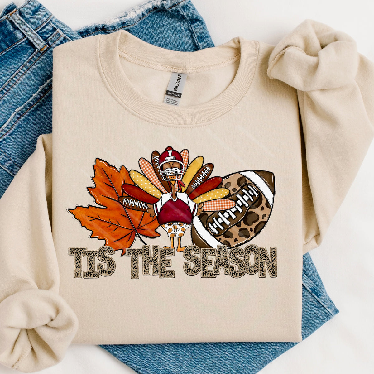 Tis The Season football and turkey with leopard faux sequins 111835 DTF transfer