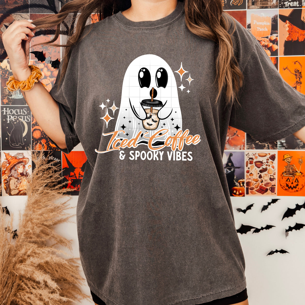 Iced Coffee Spooky Vibes white words (CSC) DTF transfer