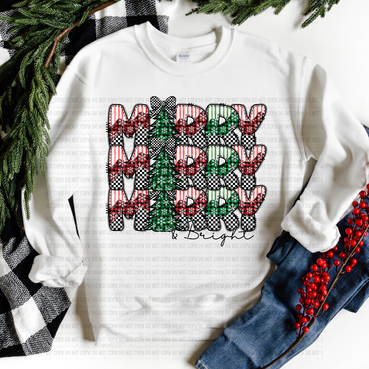 Merry and Bright Stacked stripe plaid and checker (revel) DTF Transfer