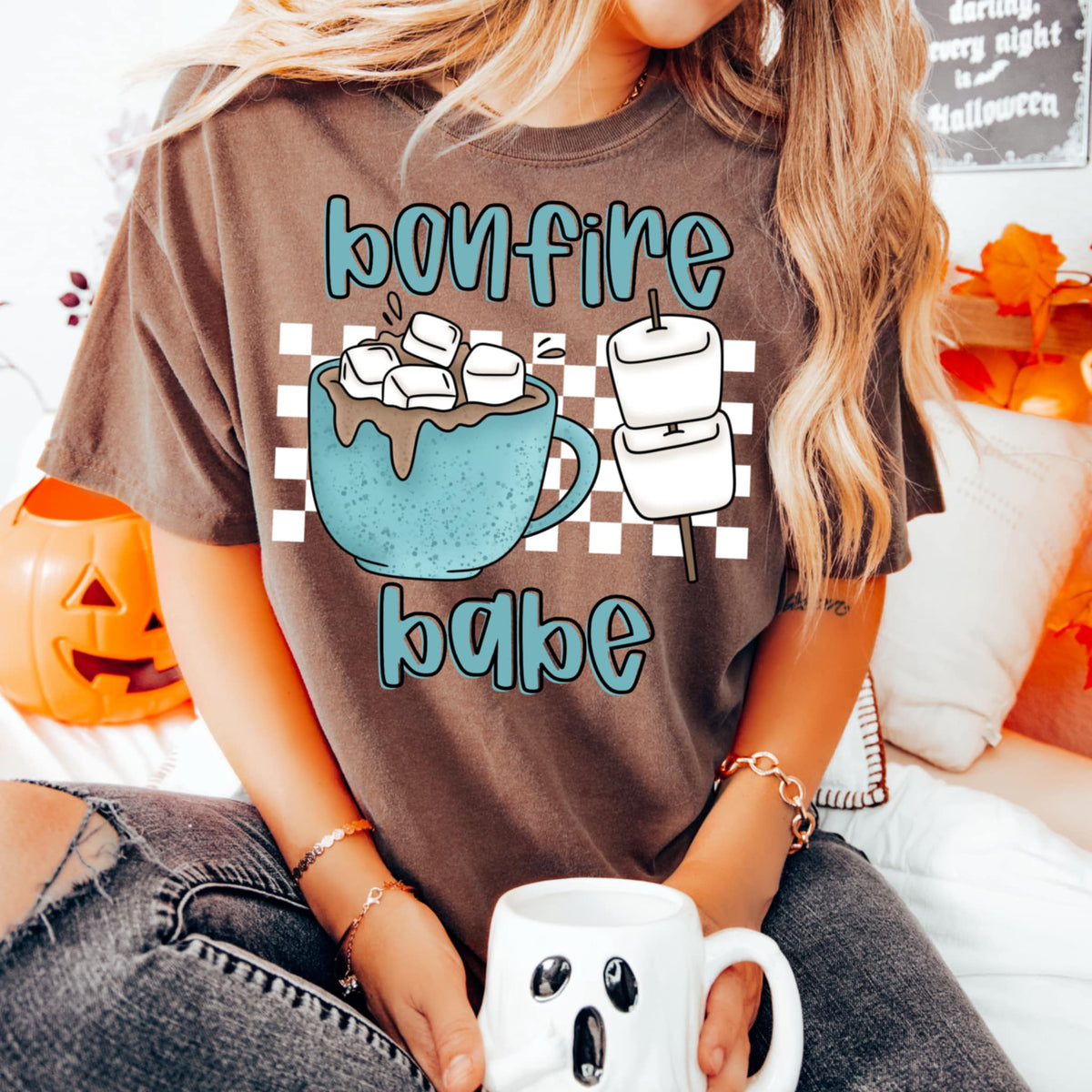 Bonfire babe WHITE checkered  (CMD) 109437 DTF transfer