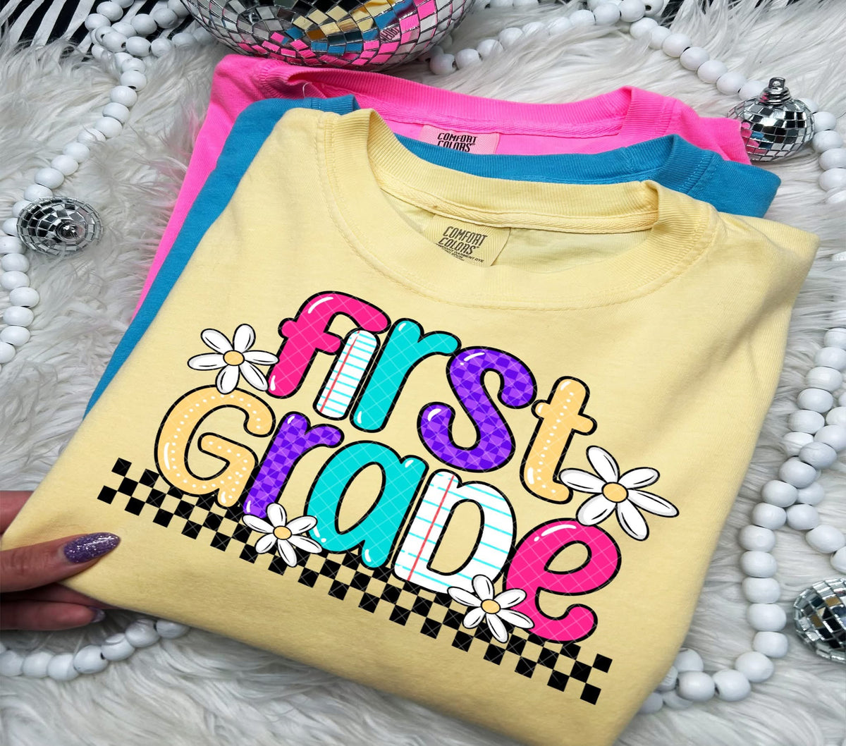 First Grade flowers and checker (linda) DTF transfer