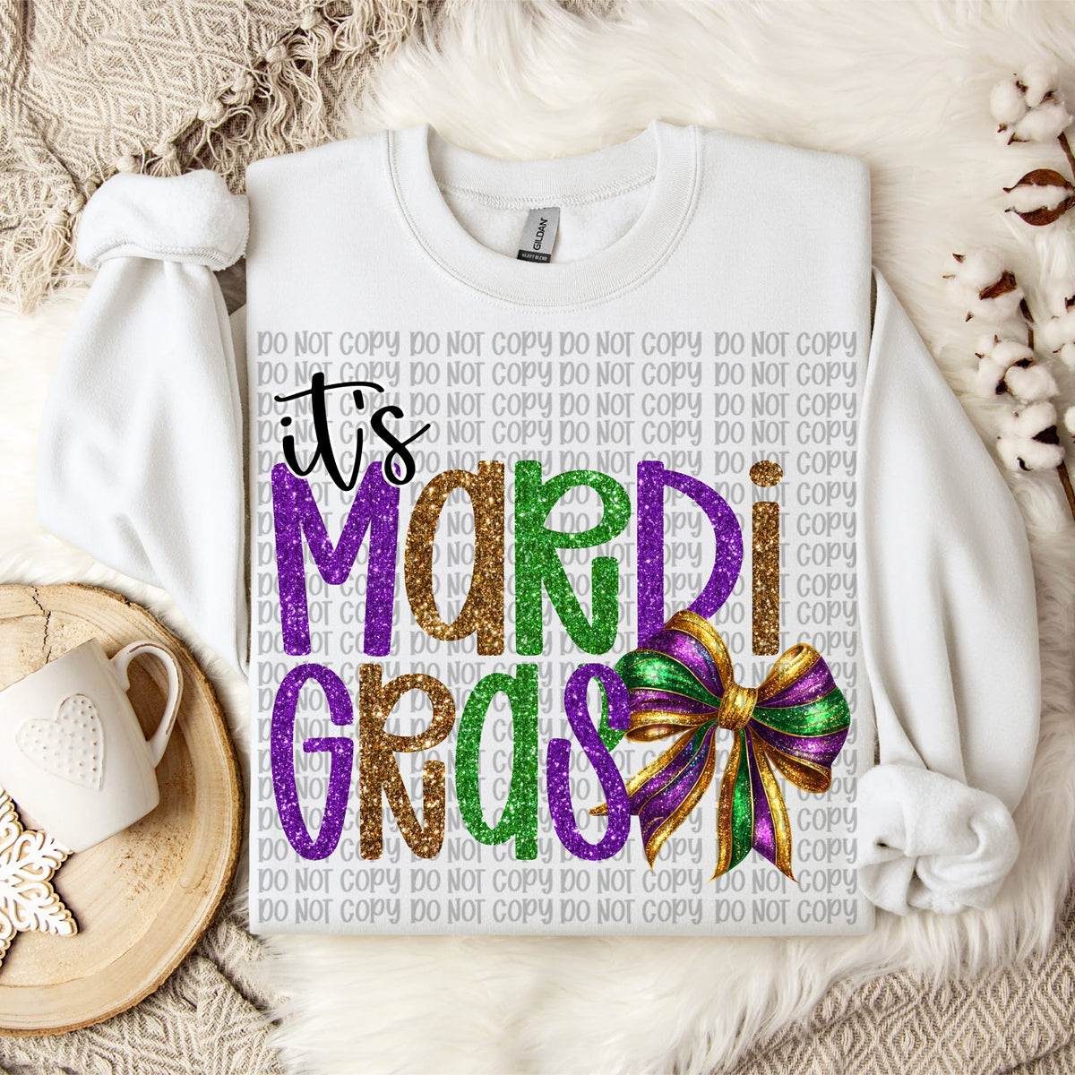 It’s Mardi Gras bow (black words) (VP) DTF transfer