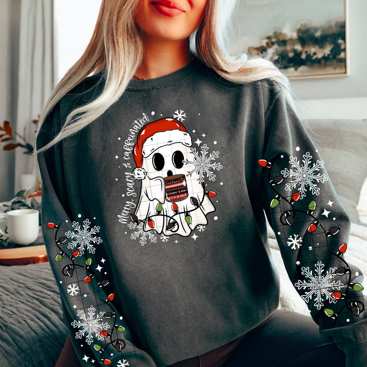 Merry Scary Caffeinated ghost front only (CSC) DTF transfer