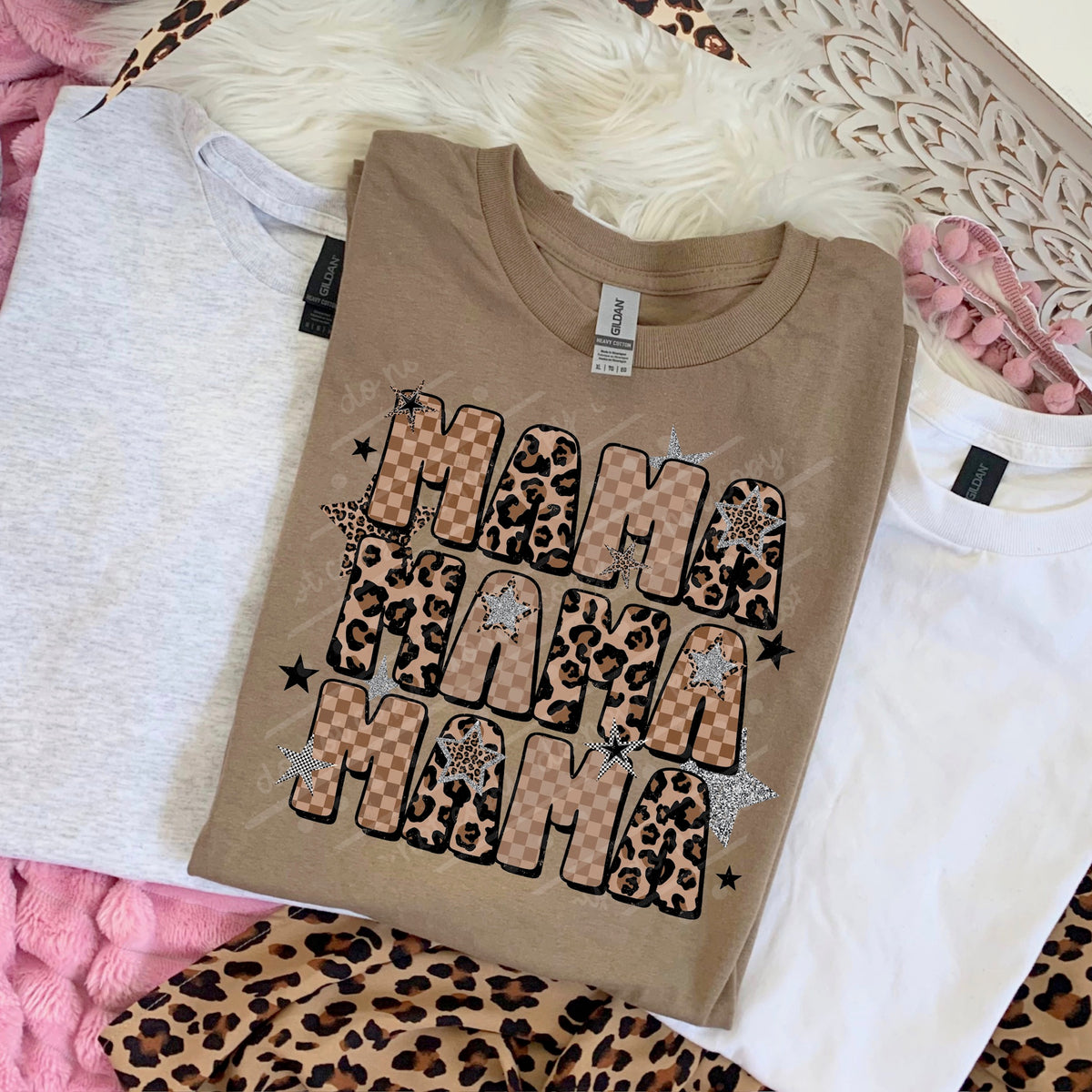 Mama stacked leopard and checker (scarlow) DTF Transfer