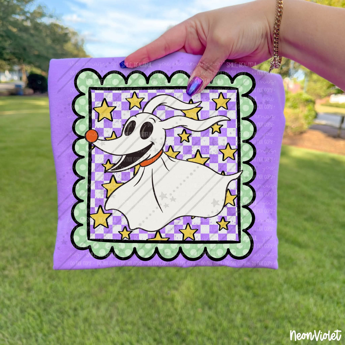 Dog purple checkered background green trim stamp SUNDAY SPECIAL DTF transfer