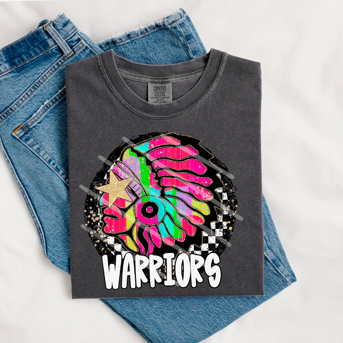 Warriors Mascot rainbow checker circle (county line) 111054 DTF transfer