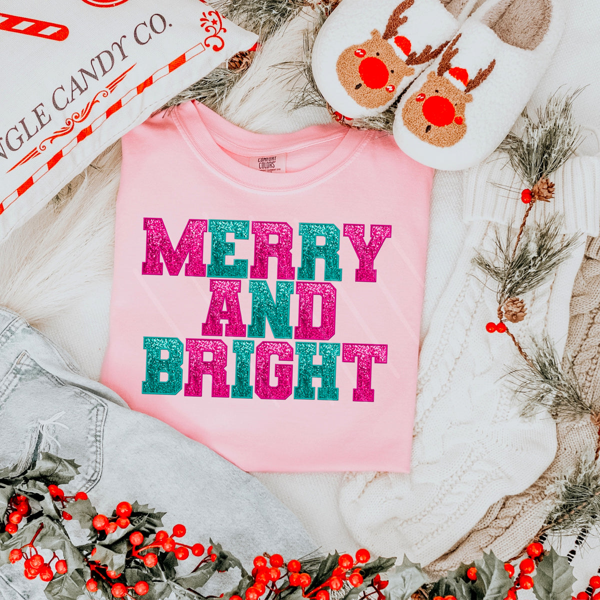 Merry and Bright faux glitter letters PINK AND TEAL 111621 DTF transfer