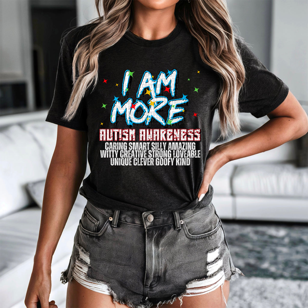 Blue I am more autism awareness white font 90456 DTF transfer