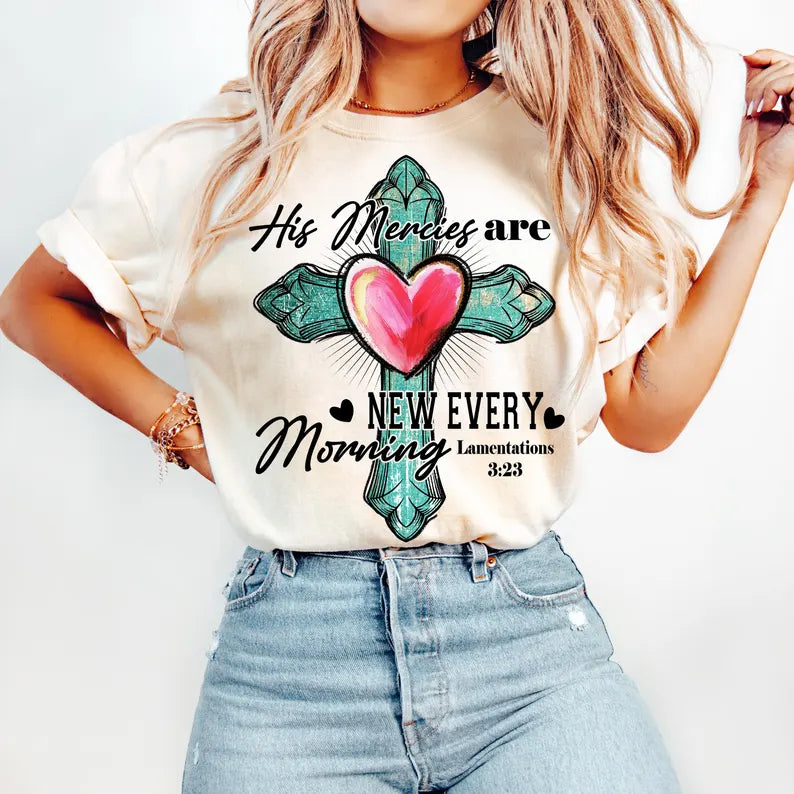 His mercies are new every morning teal cross 94733 DTF transfer