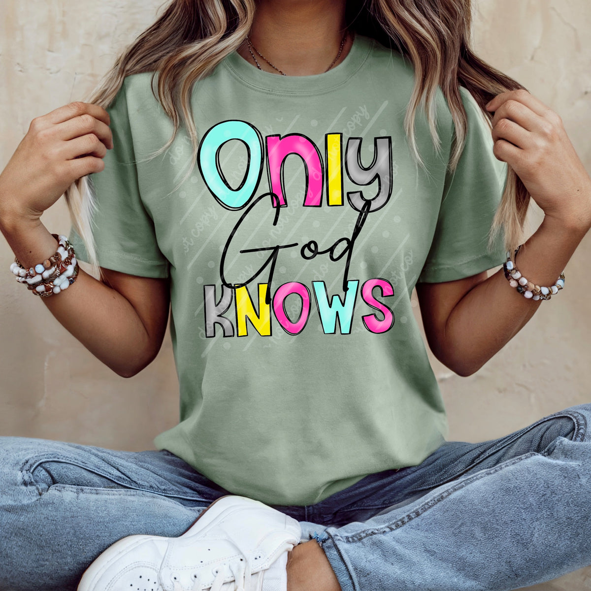 Only god knows with bright letters (texasgal) DTF Transfer