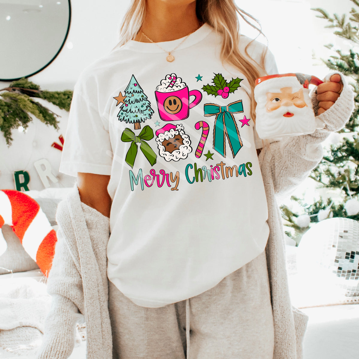 Merry Christmas pink and teal darker skin tone Santa (scarlow) 114370 DTF transfer