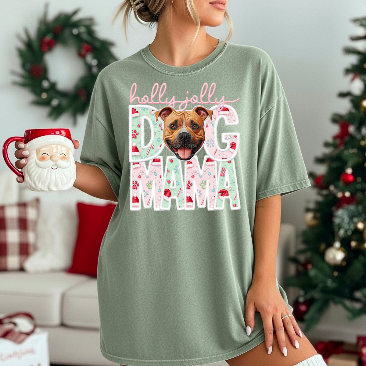 Pitbull tan Holly Jolly Dog Mama 115624 DTF Transfer