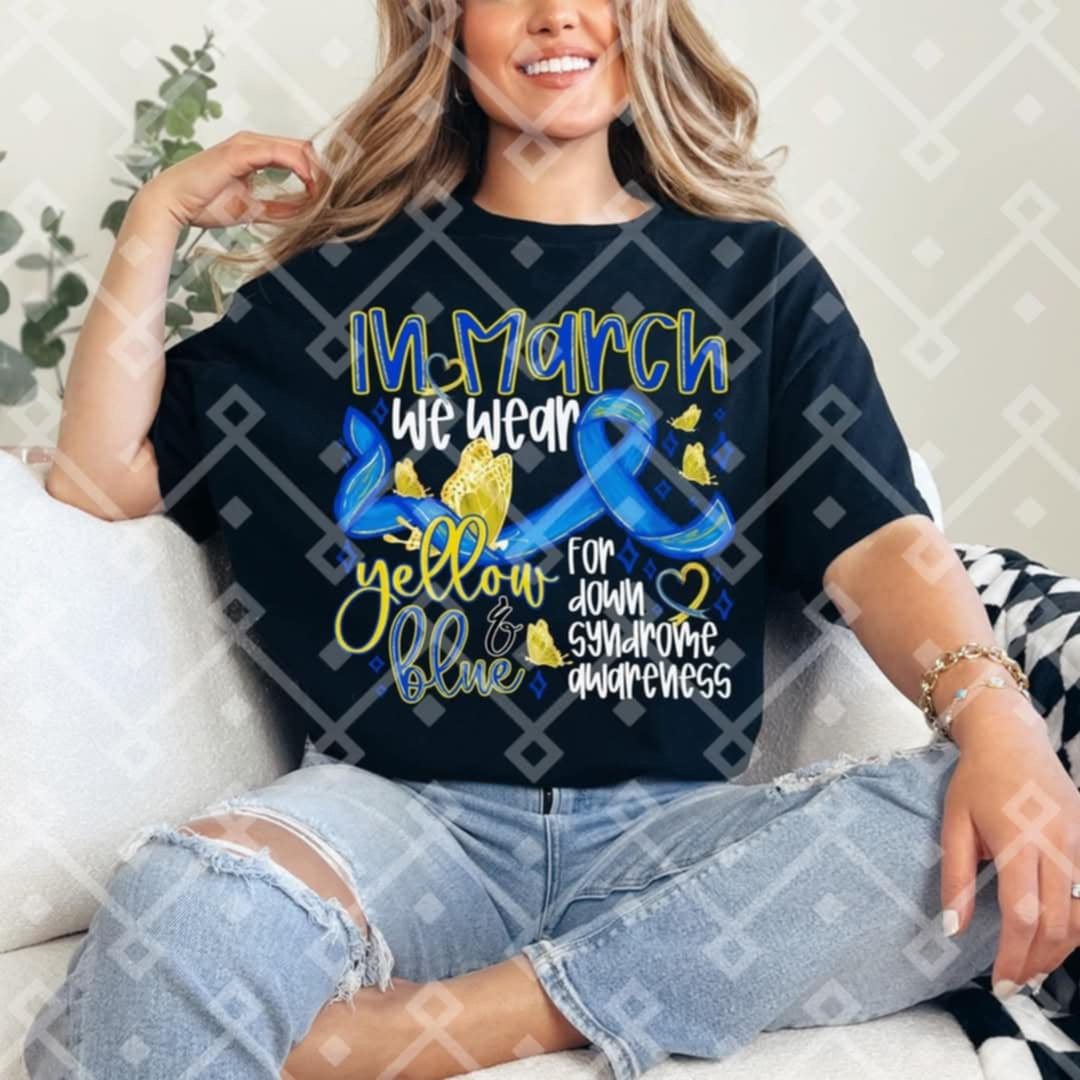 In March we wear yellow & blue white font 92143 DTF transfer
