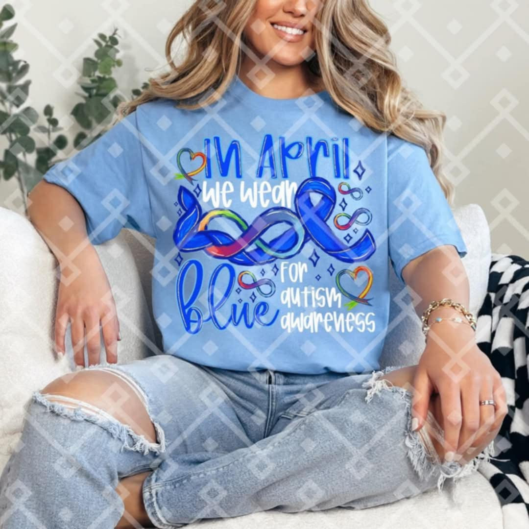 In April we wear blue white font 92153 DTF transfer