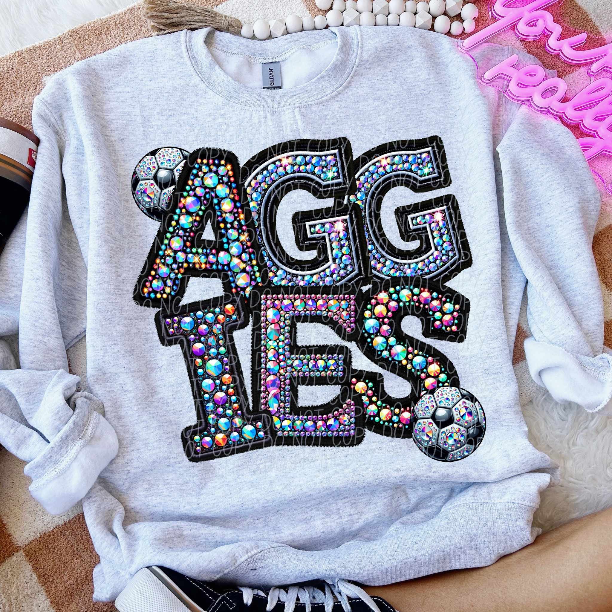 Aggies rhinestone soccer (CITY) 77135 DTF transfer – Mud & Grace Transfers