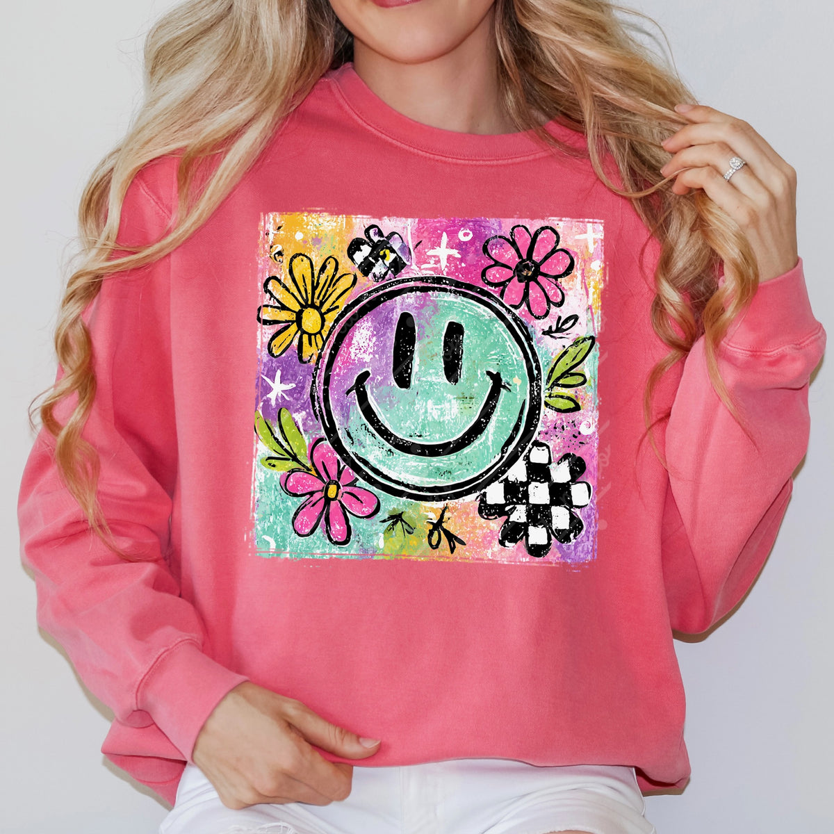 Colorful Happy with checker and flowers DTF Transfer