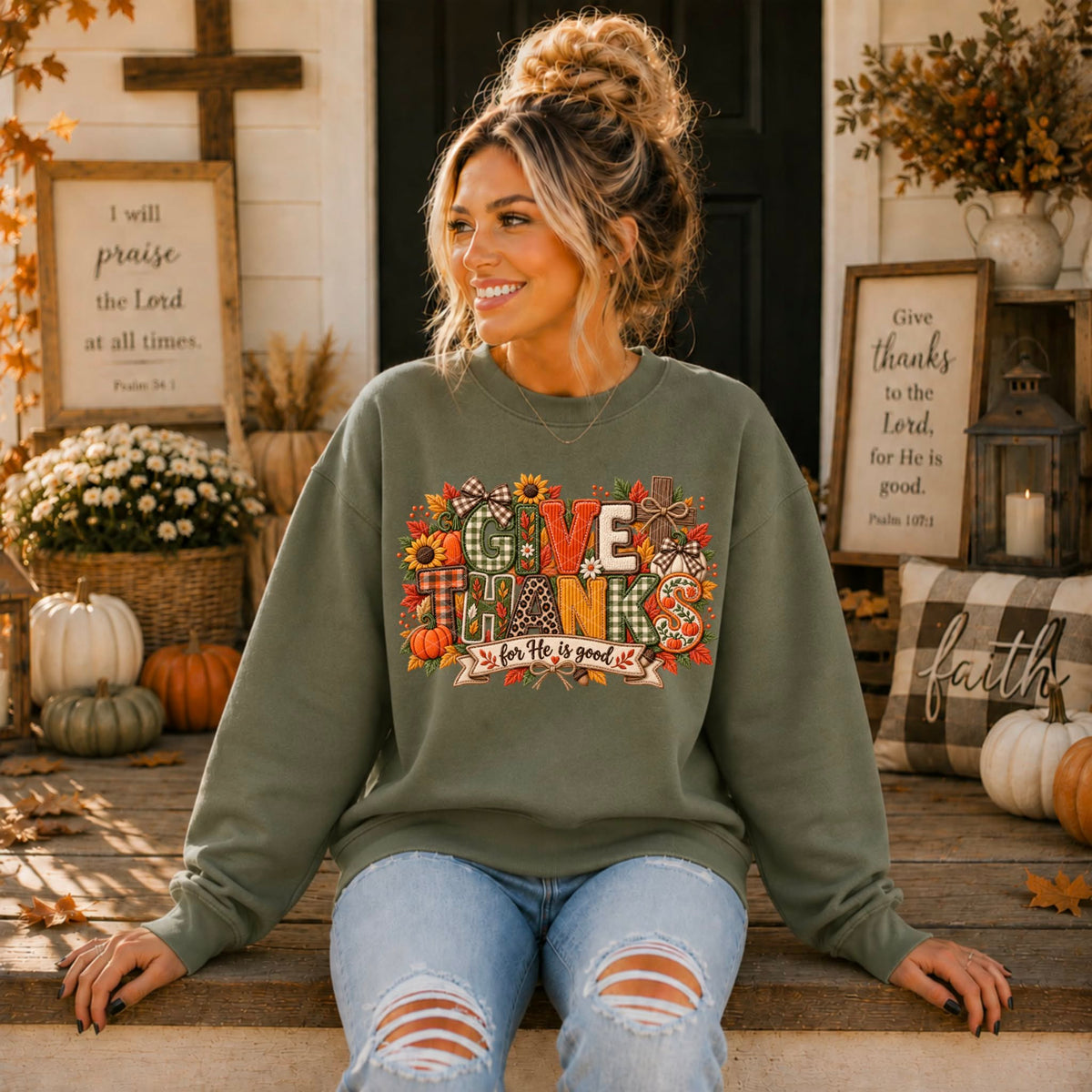 Give thanks for he is good fall fabric print (SDD) DTF Transfer