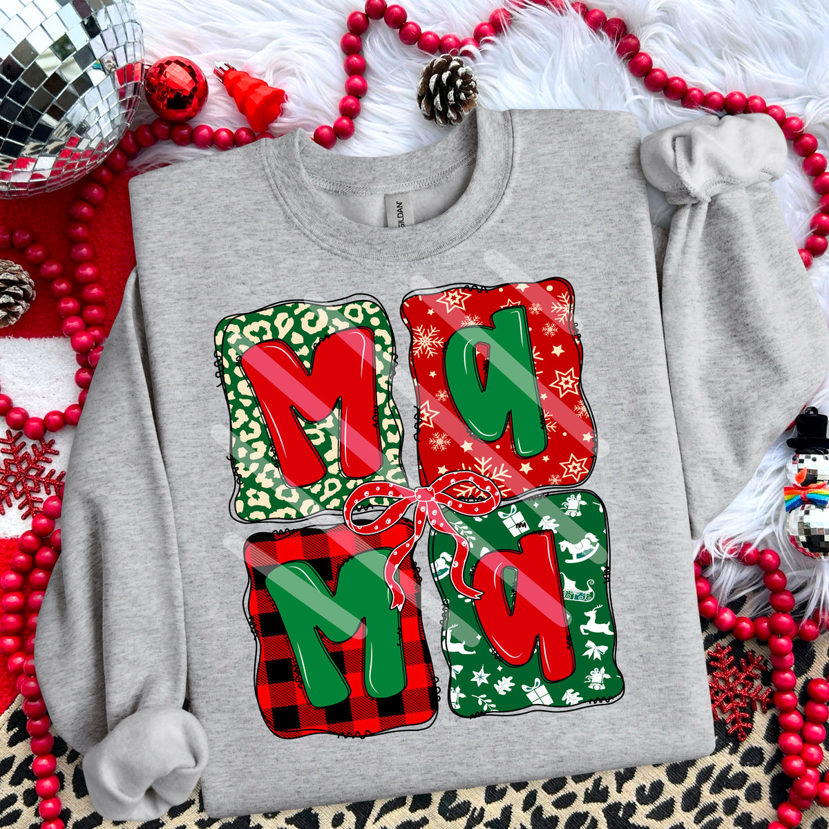 Christmas Mama with red and green blocks and bow DTF transfer